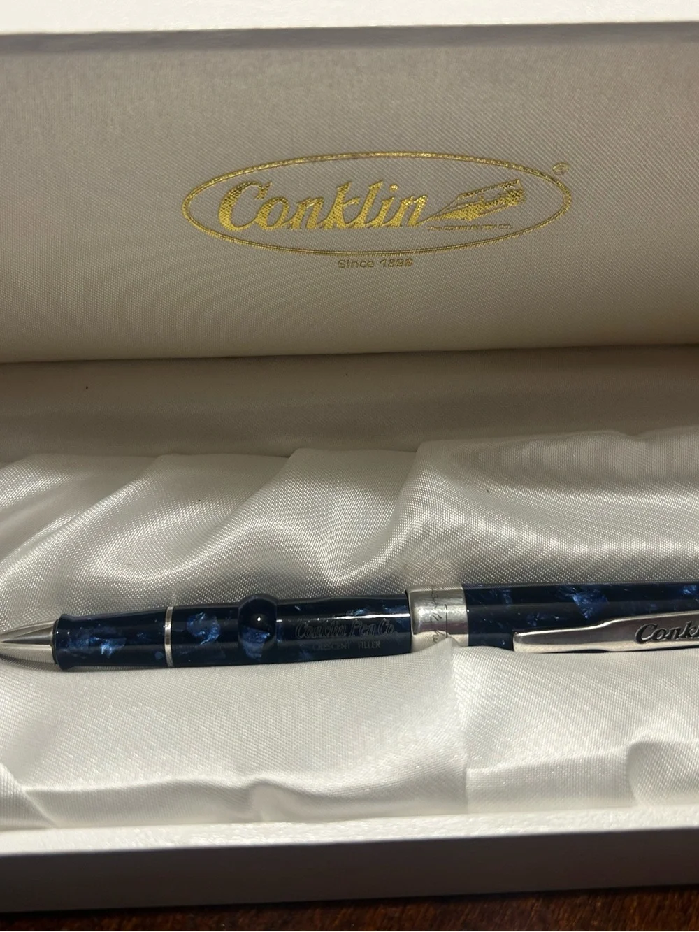 Conklin Mark Twain Crescent Filler Fountain Pen in a blue marbled in Conklin box